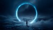 © veera - Astronaut admiring a luminous cosmic portal over a cloud-covered terrain, serene and minimalist ambiance, vast open space inviting exploration and wonder