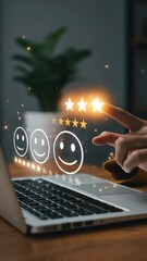 Wall Mural - customer satisfaction: customer gives online five-star rating, showing positive feedback with smiley