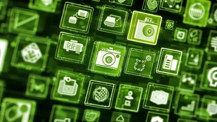 Digital Interface Grid with Holographic Icons for Technology Backgrounds