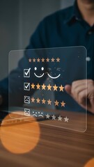 Wall Mural - customer satisfaction: man in a blue shirt rates five stars for excellent service on a transparent d