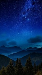 Wall Mural - Serene mountain vista underneath an expanse of sparkling celestial stars, vibrant nebulae, and distant, ethereal glowing clouds above