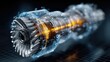 © Photographer - Abstract render of rotating turbine blades encased in transparent casing, set against digital grid with floating part tags