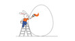 © The - Cute cartoon rabbit character standing on a ladder painting a giant easter egg with a paintbrush