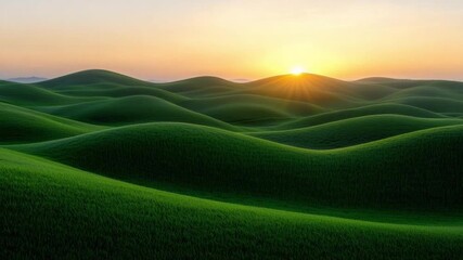 Wall Mural - green rolling hill landscape sunrise with birds flying over green grass nature creating peaceful cal