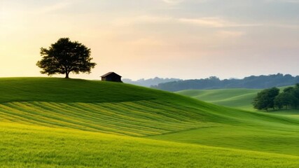 Wall Mural - green rolling hill landscape featuring single tree and small wooden cabin surrounded by lush grass s