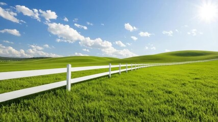Wall Mural - green field and grass with white fence under bright blue sky, sun shining and scattered clouds creat