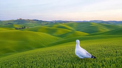 green hill landscape with white bird grass field and green rolling hills with white seagull standing