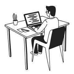 Line art illustration of a programmer at a desk, working on a laptop with code on the screen, modern workspace, minimal style