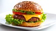 © Patchare - Cheese Burger on plate. Burger featuring a juicy beef patty and melted cheese. Fresh green lettuce and sesame seed bun. hamburger.