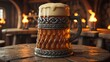 © wiltu - Elaborate beer mug filled with frothy drink sits on a wooden table in a dimly lit pub