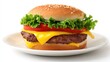 © Patchare - Cheese Burger on plate. Burger featuring a juicy beef patty and melted cheese. Fresh green lettuce and sesame seed bun. hamburger.