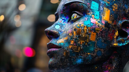Wall Mural - a close-up of an abstract robotic face. colors and patterns blend to create a stunning visual effect