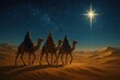 © Jelena - Three wise men journeying through starlit desert following bright celestial star toward Bethlehem