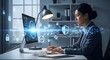 © Ednita - Businesswoman working on a computer with cybersecurity interface in the office