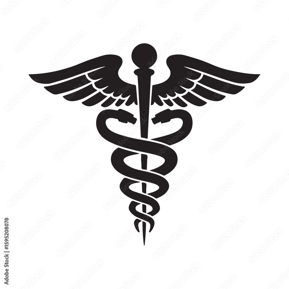 Caduceus medical symbol with winged snakes on a white background, an ...