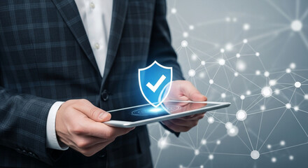 A businessman holds a tablet displaying a digital shield with a checkmark, symbolizing data security and protection within a connected network