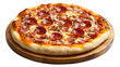 © JOHIRUL - Delicious pepperoni pizza with ham and cheese on a wooden board, isolated on a white background