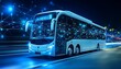 © Mahmud Creative - White futuristic bus moves swiftly along the neon lighted highway at night creating a dynamic visual