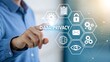 © Abul - Person s finger touches digital interface displaying data privacy icons and text
