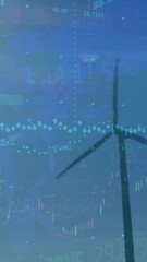 Wall Mural - animation of graphs and financial data over wind turbine and caucasian male engineer