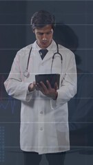 Wall Mural - animation of statistics and data processing over male doctor