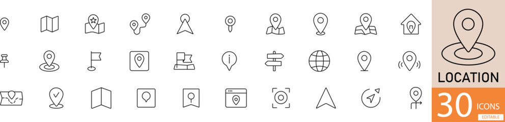  Black line icon set with 30 location and navigation icons. Great for maps, travel apps, GPS, and user interface design