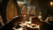 © Harry - Two people clinking wine glasses in a dimly lit cellar