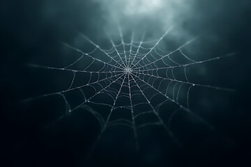 Close-up view of a delicate spider web with water droplets against a dark blue and gray blurred background
