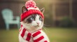 © Dilan - Charming Portrait of a Ragdoll Cat Wearing a Red and White Winter Hat and Scarf