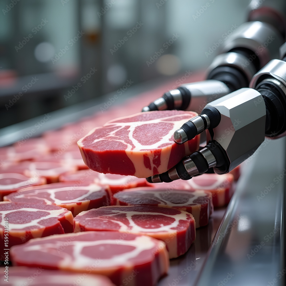 Foto stock di Robotic Arm Handling Fresh Marinated Pork Steaks on ...