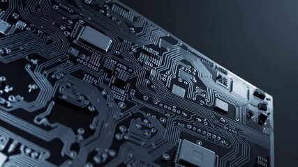 High-tech digital illustration of computer motherboard silhouette on dark background for IT company website design