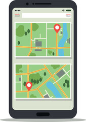 Wall Mural - mobile phone navigation app showing location markers on detailed city maps with green parks and blue