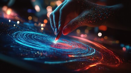 A hand using a stylus to create a swirling blue and red light pattern on a dark surface with bokeh lights