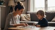 © Николай Срибяник - Young mother helping toddler solve jigsaw puzzle in cozy living room. Educational play time, early childhood development, family bonding at home concept.