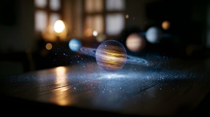 Wall Mural - holographic display of a rotating solar system on a desk