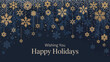 © VectorCraze - 'Happy Holidays Greeting Card with Hanging Gold Snowflakes and Stars on Deep Blue Background – Elegant Winter Festive Design'