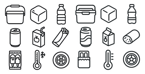 Set of icons for food and drink items, including a can of soda, a carton of juice, a bottle of water, and a thermos