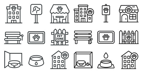 Series of black and white icons depicting various pet-related items and buildings. The icons include a dog, a cat, a dog house, a dog bowl, a dog leash, a dog park sign, a dog store sign