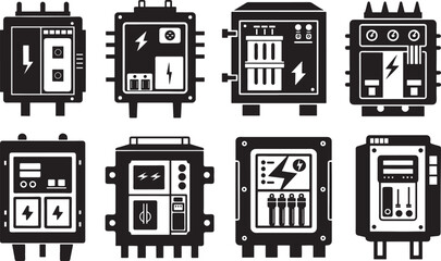 set of electric circuit breaker panel silhouette, black and white silhouette, vector and illustration