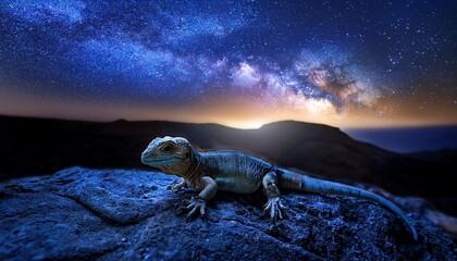 Wall Mural - extraterrestrial lizard illuminated by starlight on rocky surface