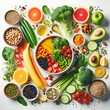 © Md - Healthy Vegan Food Flat Lay, Fresh Fruits, Vegetables, Grains, and Nuts