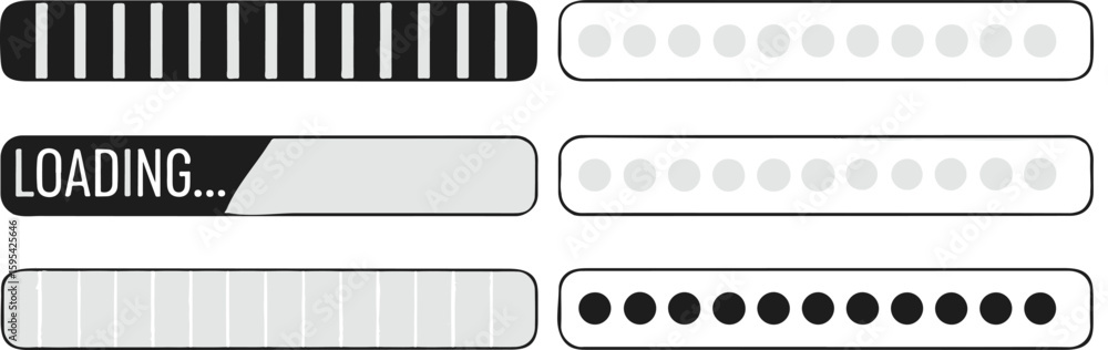 Infographic loading bars, black and white set, six different lengths ...