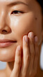 © Carmen - Macro close up of beautiful young Asian woman caressing her cheek with hand, anti-aging skincare concept