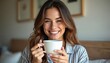 © miss irine - Smiling woman in pajamas enjoys morning coffee, holding white mug. Brunette with long wavy hair embraces start of day, feeling happy, relaxed. Represents comfort, lifestyle, pleasant caffeine ritual