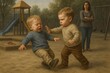 © Aleksandra Prokopenk - One toddler pushes another on a playground while the mother watches indifferently. The scene highlights childhood aggression and adult neglect. Emotional and social awareness concept