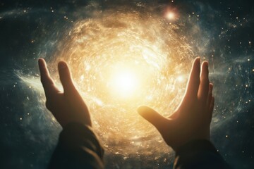 Wall Mural - energy portal creates a luminous glow in cosmic space with hands reaching towards it, the appearance