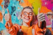 © Ifti Digital - Joyful girl wearing glasses gives thumbs up against colorful abstract wall background, Joyful girl shows thumbs up gesture Motion design fun Art collage, magazine style