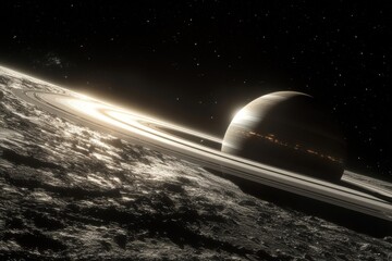 Wall Mural - beautiful view of saturn's rings and moon illuminating the dark expanse of space during a cosmic eve