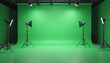 © miss irine - Professional chroma key studio with seamless green backdrop, even lighting. Equipped with multiple professional spotlights, softboxes on stands, empty set perfect for video production, film,