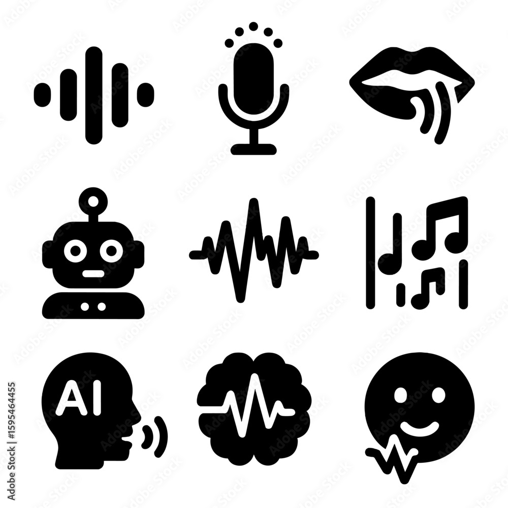 Voice Spatial Icon Audio AI Icons. Solid style icons of voice and audio AI: audio wave ...